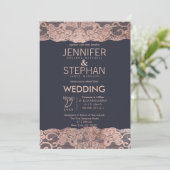 Roos Gold Lace en Navy Blue Wedding Invitations Kaart (Staand voorkant)