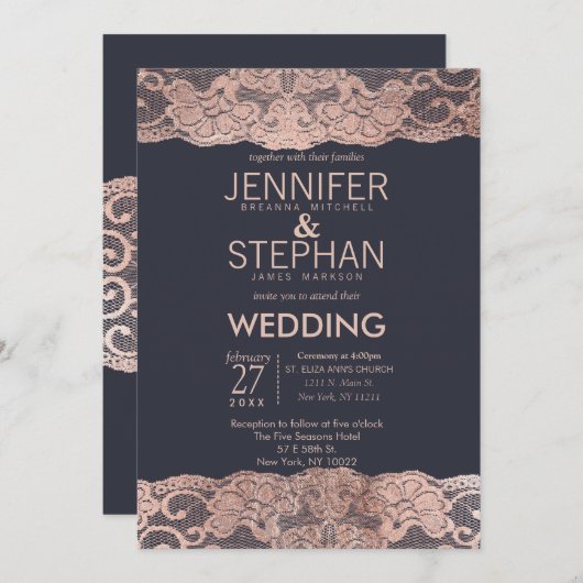 Roos Gold Lace en Navy Blue Wedding Invitations Kaart (Voorkant / Achterkant)