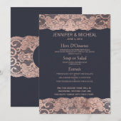 Roos Gold Lace en Navy Blue Wedding Menu (Voorkant / Achterkant)