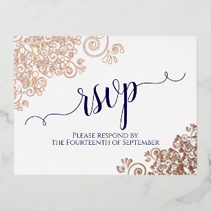 Roos Gold Lace & Navy op White Wedding RSVP Folie Uitnodiging Briefkaart