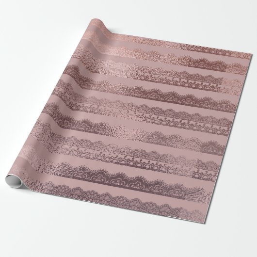 Roos Gold Lace Stripe Pattern op Blush Pink Cadeaupapier (Uitgerold)