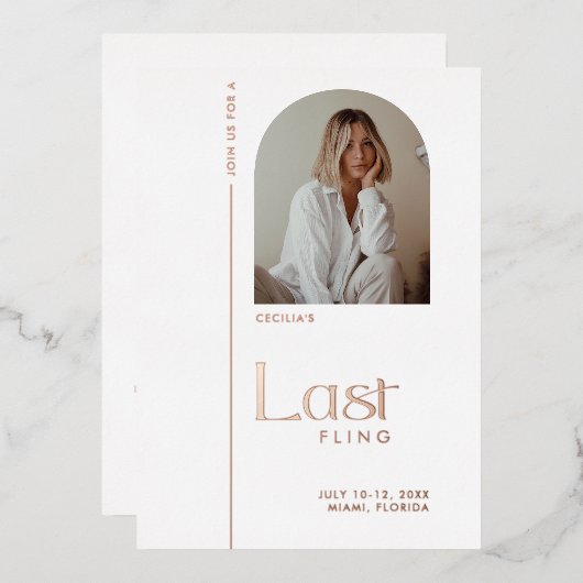 Roos Gold "Last Fling" Bachelorette Foto Folie Uitnodiging (Voorkant / Achterkant)