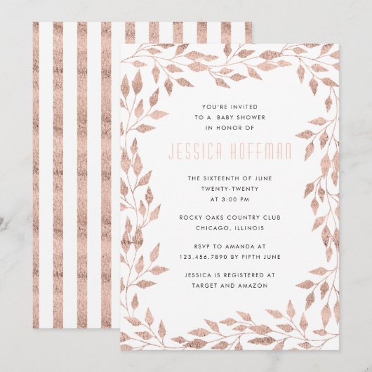 Roos Gold Leafy Border Baby shower Invitation Kaart (Voorkant / Achterkant)
