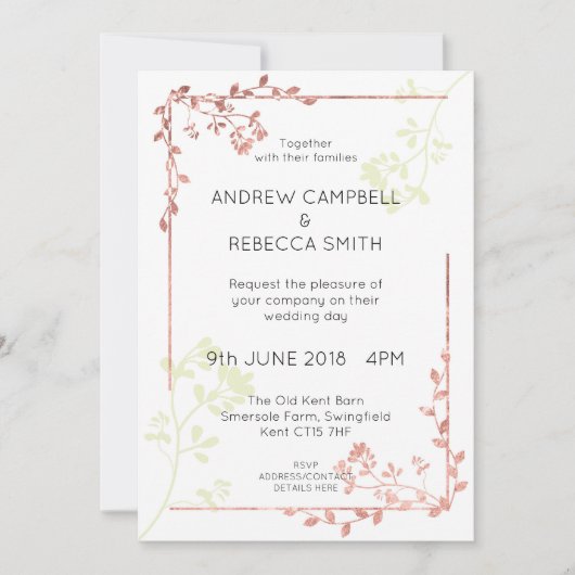 Roos Gold Leaves Border Bruiloft Uitnodiging (Voorkant)