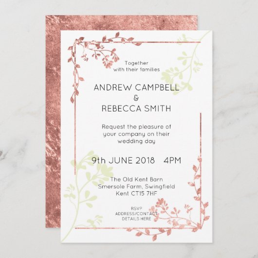 Roos Gold Leaves Border Bruiloft Uitnodiging (Voorkant / Achterkant)