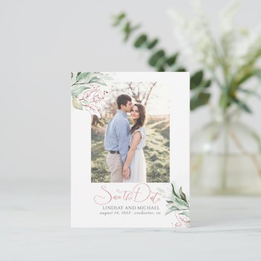 Roos Gold Leaves Greenery Save the Date Photo Aankondigingskaart (Staand voorkant)