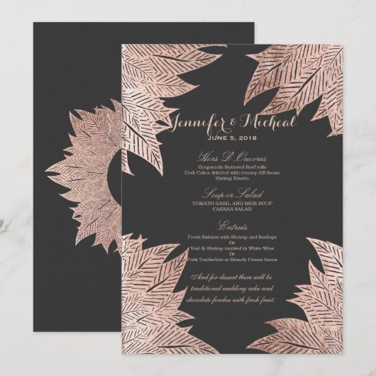 Roos Gold Leaves op Black Wedding Menu (Voorkant / Achterkant)