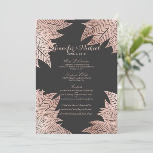 Roos Gold Leaves op Black Wedding Menu (Staand voorkant)