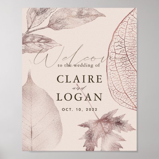 Roos Gold Leaves Pink Beige Wedding Welkom Poster (Voorkant)