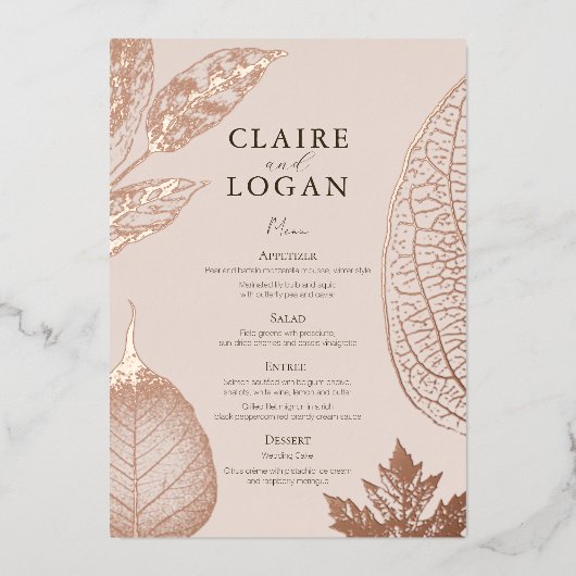 Roos Gold Leaves Roze Beige Wedding Menu Kaart (Voorkant)