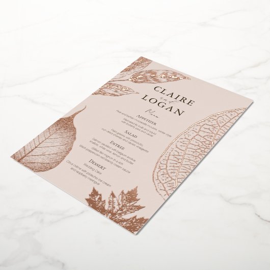 Roos Gold Leaves Roze Beige Wedding Menu Kaart (Gedraaid)