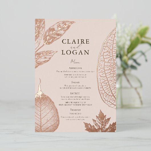 Roos Gold Leaves Roze Beige Wedding Menu Kaart (Staand Voorkant)