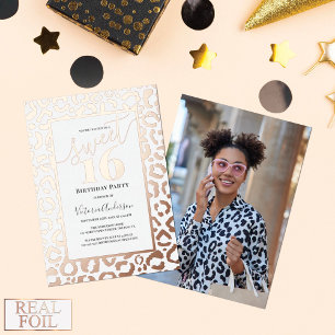 Roos Gold Leopard Cheetah Foto Sweet 16 Folie Uitnodiging
