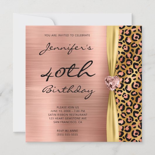 Roos Gold Leopard Folie Gem Ribbon 40th Birthday Kaart (Voorkant)