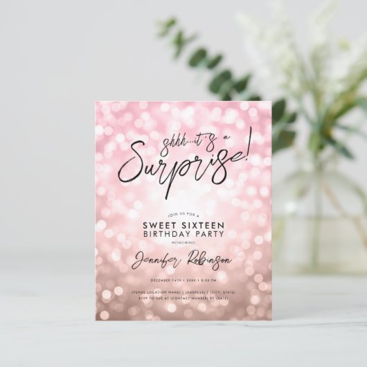 Roos Gold Lights Foto Surprise Sweet 16 Invites (Staand voorkant)