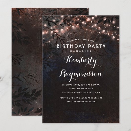 Roos Gold Lights Rustieke Nacht Verjaardag Kaart (Voorkant / Achterkant)