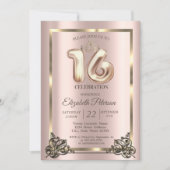 Roos Gold Lijst, Border, Crown Sweet 16 Party Invi Kaart (Voorkant)