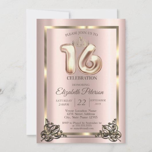 Roos Gold Lijst, Border, Crown Sweet 16 Party Invi Kaart (Voorkant)