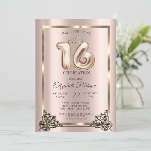Roos Gold Lijst, Border, Crown Sweet 16 Party Invi Kaart (Staand voorkant)
