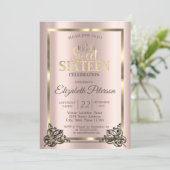 Roos Gold Lijst, Border, Tiara Sweet 16 Party Invi Kaart (Staand voorkant)