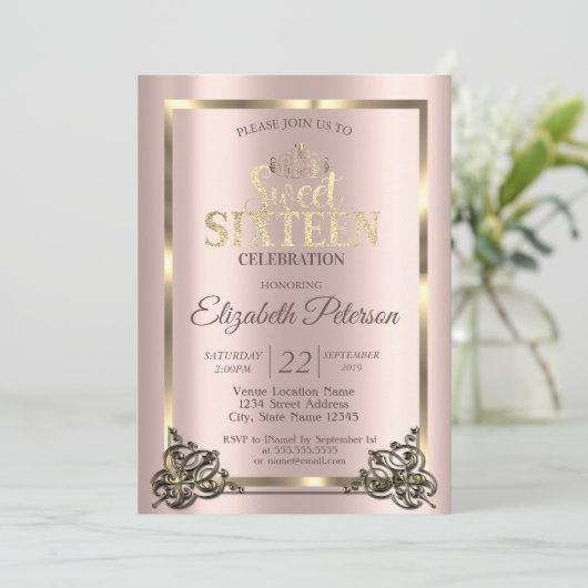 Roos Gold Lijst, Border, Tiara Sweet 16 Party Invi Kaart (Staand voorkant)
