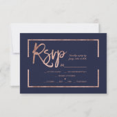 Roos gold lijst script navy blue rsvp bruiloft (Voorkant)