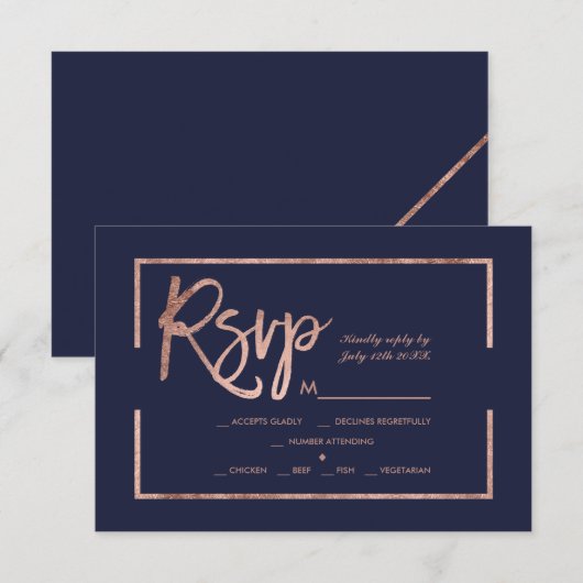 Roos gold lijst script navy blue rsvp bruiloft (Voorkant / Achterkant)