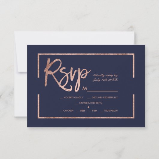 Roos gold lijst script navy blue rsvp bruiloft kaartje (Voorkant)