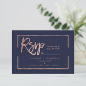 Roos gold lijst script navy blue rsvp bruiloft kaartje (Staand voorkant)