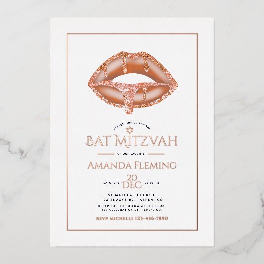 Roos Gold Lips Bat Mitzvah Foto Folie Uitnodiging (Voorkant)