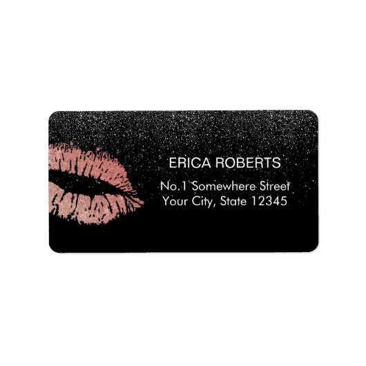 Roos Gold Lips Modern Black Glitter Beauty Salon Etiket (Voorkant)