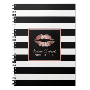 Roos Gold Lips Modern Black & White Stripes Notitieboek