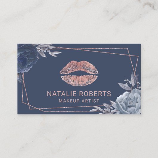 Roos Gold Lips Navy Floral Geometric Makeup Artist Visitekaartje (Voorkant)