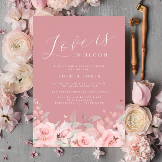 Roos Gold Love is in Bloom Blush Vrijgezellenfeest Folie Uitnodiging