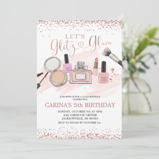 Roos Gold Makover Girl Birthday - uitnodiging (Staand voorkant)