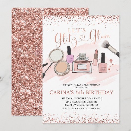 Roos Gold Makover Girl Birthday - uitnodiging (Voorkant / Achterkant)