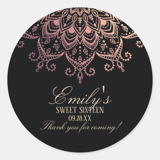 Roos Gold Mandala Sweet 16 Hartelijk dank Ronde Sticker (Voorkant)