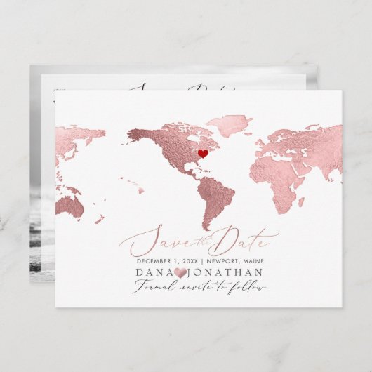 Roos Gold Map, elke bestemming Save the Date Briefkaart (Voorkant / Achterkant)