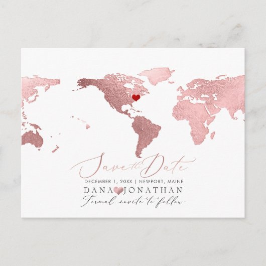 Roos Gold Map, elke bestemming Save the Date Briefkaart (Voorkant)