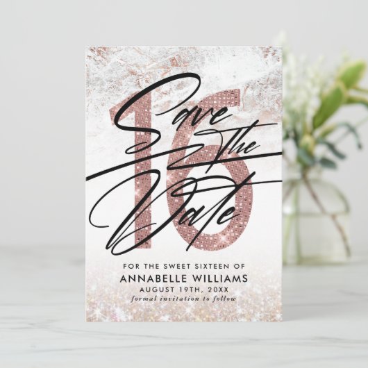 Roos Gold Marble 16th Birthday Party Save the Date (Staand voorkant)