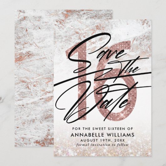 Roos Gold Marble 16th Birthday Party Save the Date (Voorkant / Achterkant)