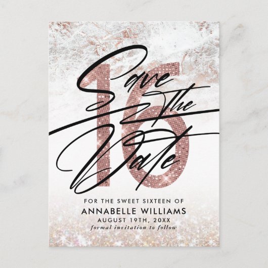 Roos Gold Marble 16th Birthday Party Save the Date Briefkaart (Voorkant)