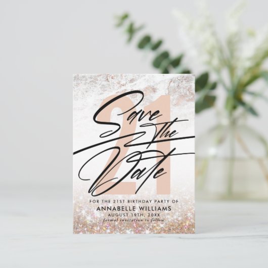 Roos Gold Marble 21st Birthday Party Save the Date Briefkaart (Staand voorkant)