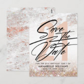 Roos Gold Marble 21st Birthday Party Save the Date Briefkaart (Voorkant / Achterkant)