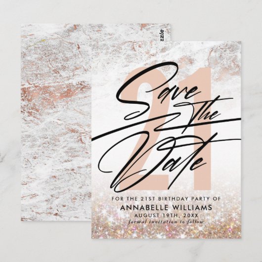 Roos Gold Marble 21st Birthday Party Save the Date Briefkaart (Voorkant / Achterkant)