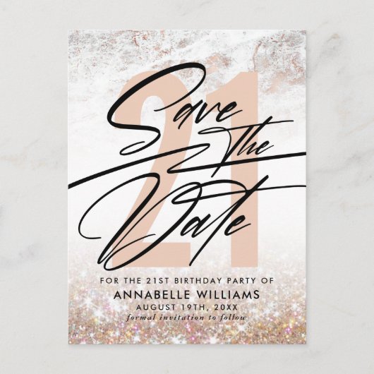 Roos Gold Marble 21st Birthday Party Save the Date Briefkaart (Voorkant)