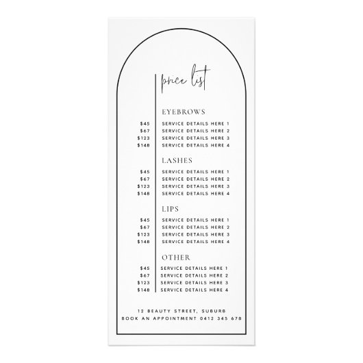 Roos Gold Marble Arch Beauty Business Price List Reclamekaart (Achterkant)