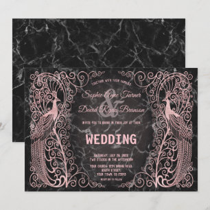 Roos Gold Marble Art Deco Peacocks Wedding Invite Kaart