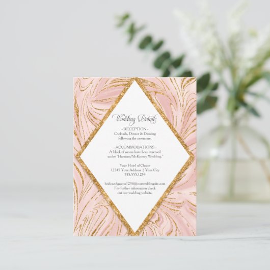 Roos Gold Marble Blush Pink Weddenschap Details Kaart (Staand voorkant)