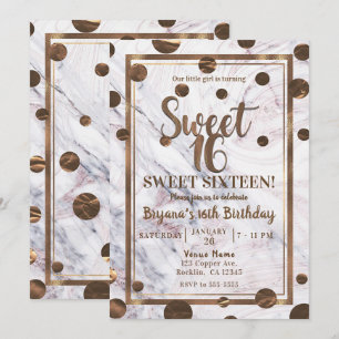 Roos Gold Marble Bronze Copper Sweet 16 Party Kaart